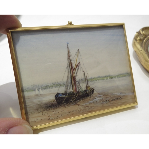 6446 - Five various miniature paintings including two by Stephanie Walters ' Thames barge Pin mill' & 'Even... 