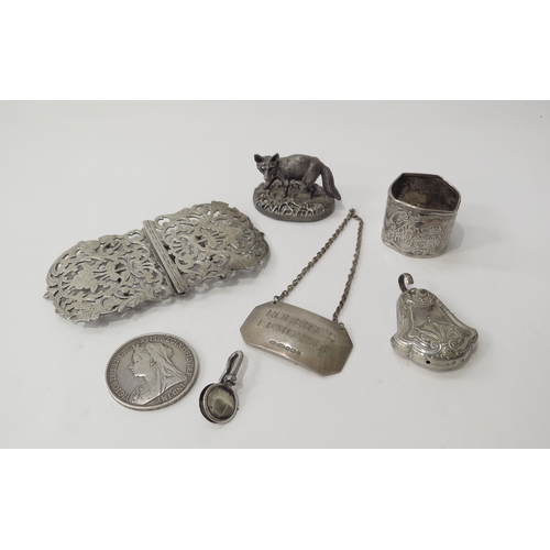 6426 - An assortment of silver items including Queen Victoria 1900 crown, napkin holder, standing fox figur... 