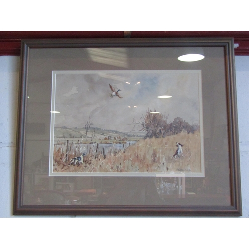 1016 - G. A JOHNSON: Shooting scenes with gun dogs at work. Watercolours. Signed. 21cm x 31cm (2)