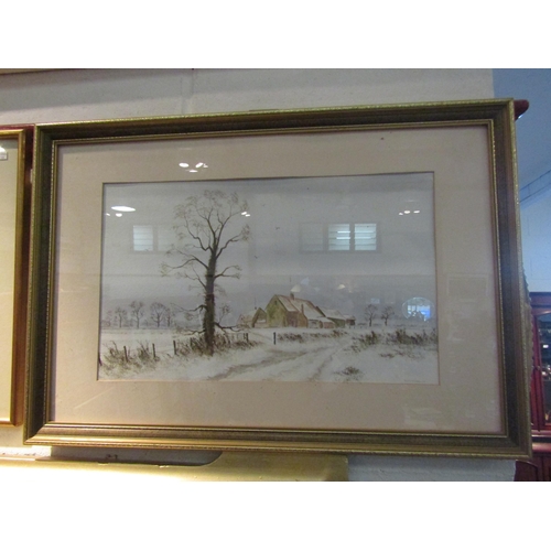 1032 - RON EDWARDS (XX): A watercolour of winter scene, farmhouse beside path, 27cm x 45cm image size, fram... 