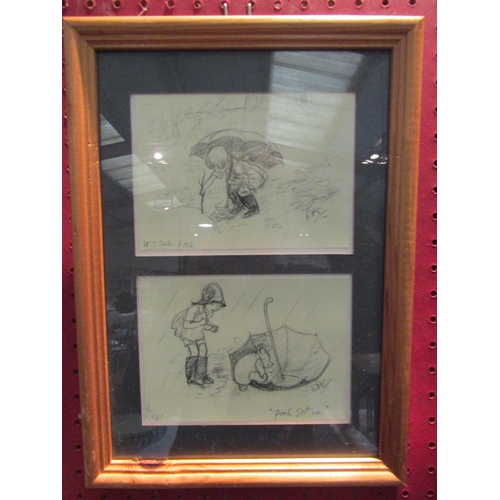 1035 - Two pairs of Winnie the Pooh pencil sketched prints, framed and glazed (each pair 32cm 24cm includin... 