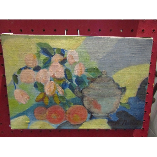 1036 - L NADAL (XX) A small oil on canvas still life, Christmas Cactus and Peaches. Signed bottom right. Un... 