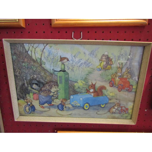 1039 - A 1940's print of child and cat by window and a cartoon print of woodland scene with animals in cars... 