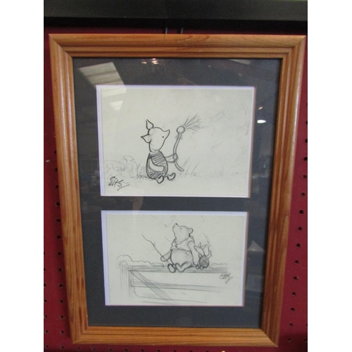 1042 - Two pairs of Winnie the Pooh pencil sketched prints, framed and glazed (each pair 32cm 24cm includin... 