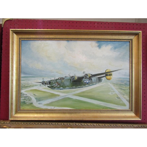 1047 - JOHN CONSTABLE REEVE: An acrylic on board depicting bomber, signed lower right, framed, 34cm x 55cm ... 