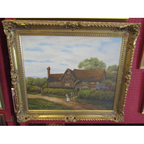 1048 - An oil on canvas of mother and child walking past a thatched timber framed farmhouse.  Unsigned.  Gi... 