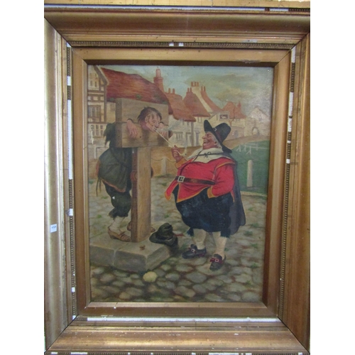 1051 - An oil on canvas of man in the stocks smoking a clay pipe offered by another man.  Unsigned.  gilt f... 