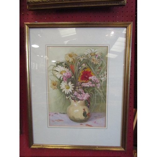 1052 - A framed and glazed watercolour still life, ceramic jug of flowers. Unsigned. Image size 33.5cm x 24... 