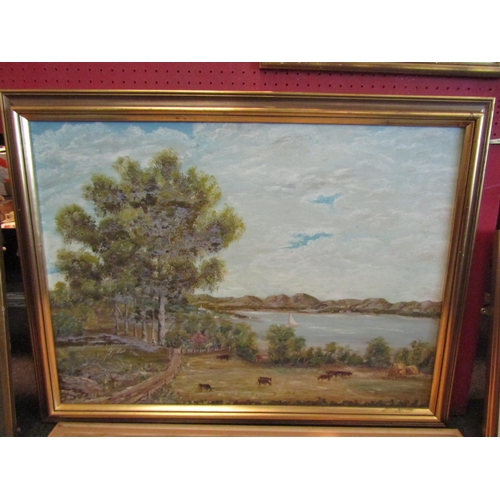 1054 - M.L VOGEL: A 1970's oil on board of cattle by lake, gilt framed, signed lower left, 55cm x 75cm imag... 