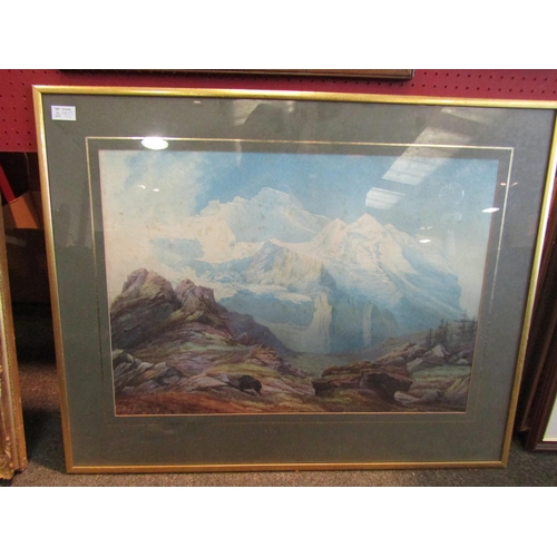 1058 - A watercolour of mountainous landscape, framed and glazed. Unsigned. 48cm x 68cm image size. (Foxed)