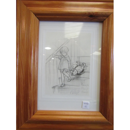 1059 - Two pairs of Winnie the Pooh pencil sketched prints, framed and glazed 14cm x 9cm and 15cm x 10cm