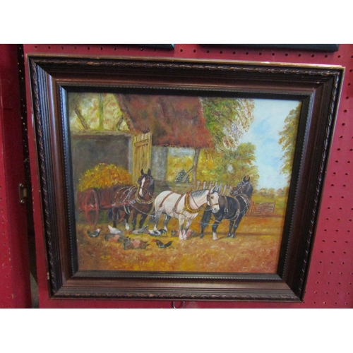 1060 - A framed oil on board of working horses and cart at stable with chickens and pigs. Image size 27cm x... 