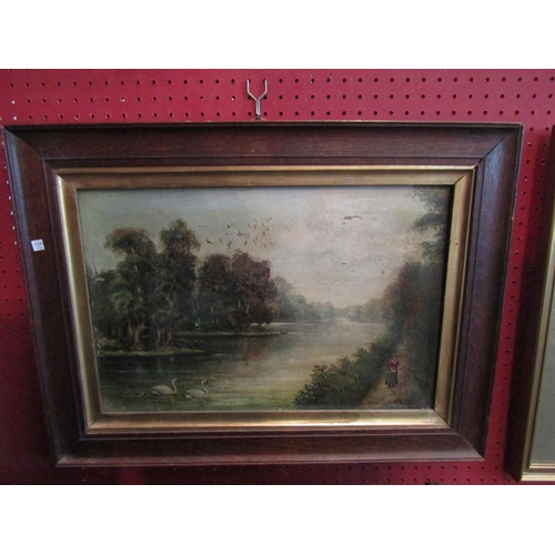 1071 - J.O. HUMBY, 1907: Oil on canvas of a riverside scene with lady strolling along the riverbank, swans ... 