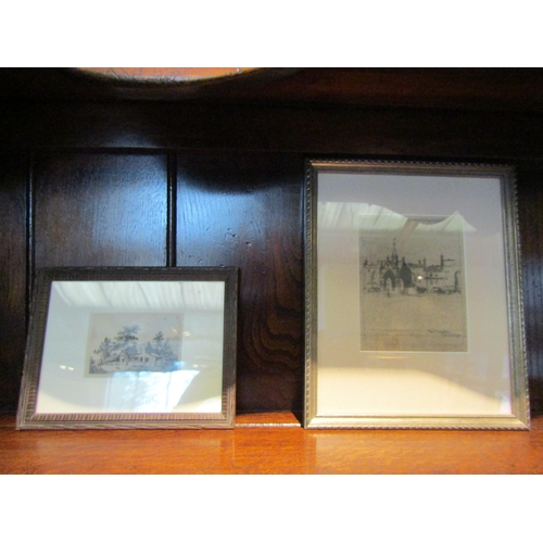 1082 - Four various small black and white engravings, framed and glazed, glass a/f to one,