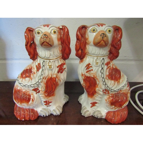 1091 - A pair of Victorian Staffordshire seated King Charles spaniels, with tan and white well-moulded fur,... 