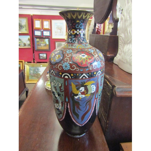 1111 - A pair of cloisonne vases of baluster form, rim to one heavily damaged, 37cm tall