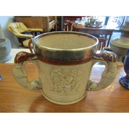 1156 - A 19th Century English stoneware jug moulded with George and the dragon and Tapers, with three greyh... 