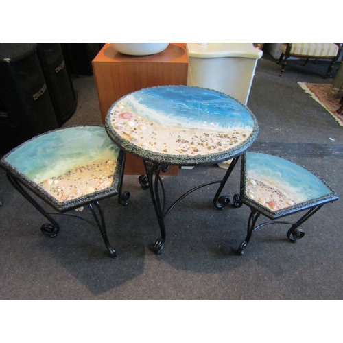 1171 - A set of three seaside design occasional tables with applied shells and resin waves, largest 62cm ta... 