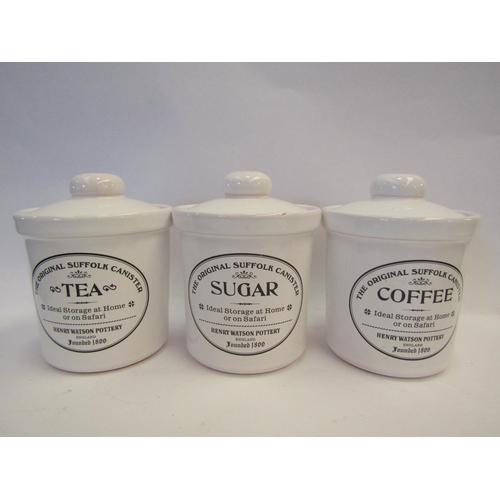 1339 - Three cream glazed Henry Watson Pottery storage jars - Tea, coffee and sugar (sugar a/f)