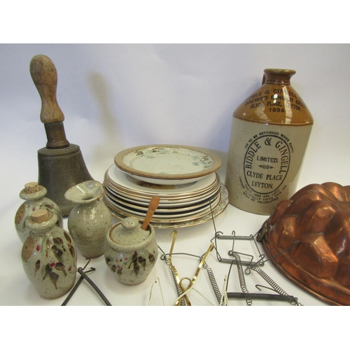 1342 - A group of mixed items including stoneware flagon, copper mould, brass bell, collectors plates, etc