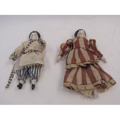 1368 - Two 19th Century painted China shoulder-head dolls with cloth and wood bodies, tallest 15cm