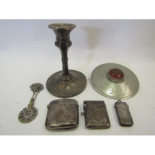 1375 - A group of silver and white metal items including vesta cases, candlestick, large brooch and a neckl... 