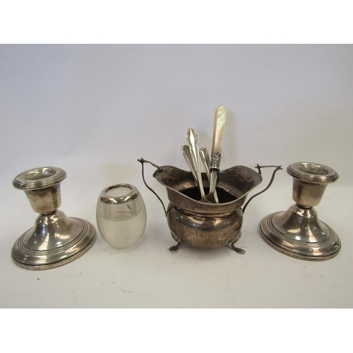 1385 - A selection of silver items including squat form candlesticks, silver rimmed match striker, coffee a... 