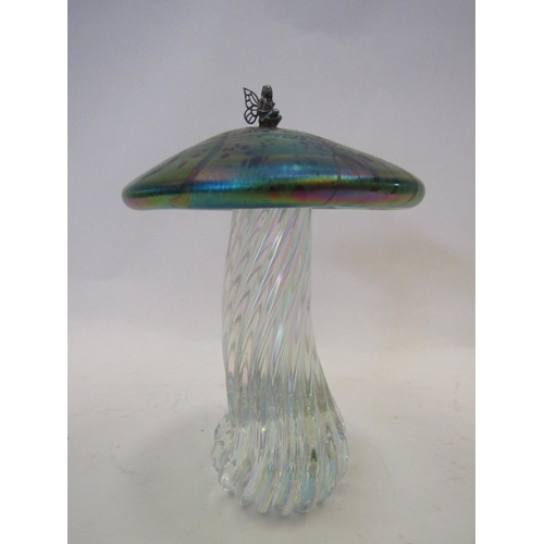 1398 - An Art glass iridescent mushroom with fairy to top, signed J. Ditchfield by 