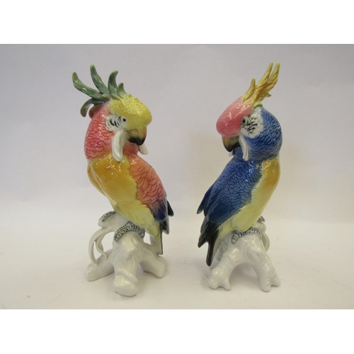 1407 - Two Karl Ens polychrome porcelain cockatoo parrots sitting atop tree stump, 19cm and 20cm tall