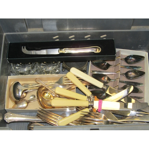 1420 - A box of mixed plated wares including spoons, knives etc and a collection of mixed watches including... 