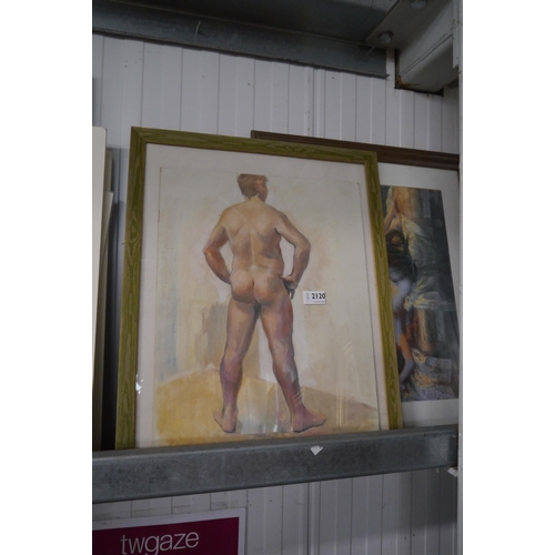 2120 - An oil painting of the rear of the view of the rear of a man and a print of laying lady