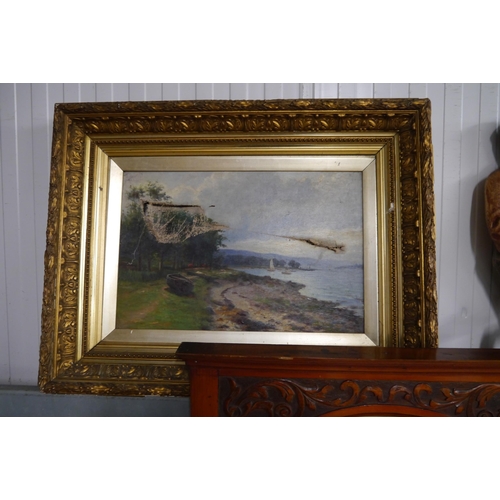 2125 - A pair of Victorian gilt framed oil canvasses, one a/f