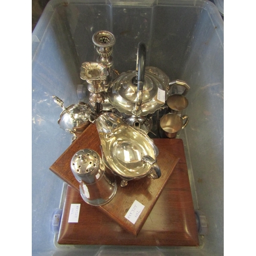 1181 - A selection of silver plated items including a tea kettle on stand, a tea pot, a pair of gravy boats... 