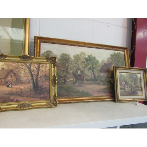 1483 - B CARR:  three gilt frame paintings of housing in woods, largest 40 x 75cm image size