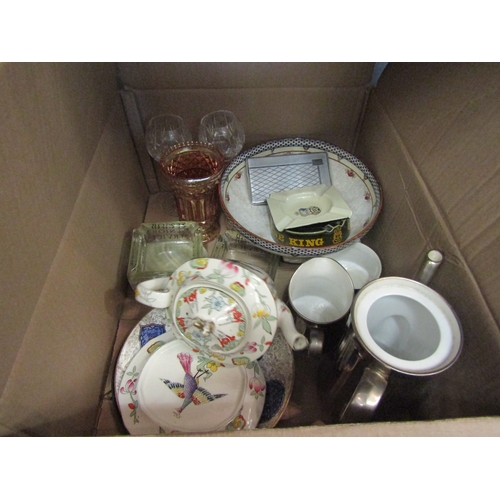 1534 - Two boxes of ceramics including Royal Worcester coffee jug, milk and sugar various smoking related b... 