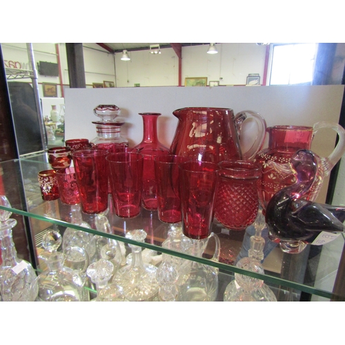 1541 - A selection of Victorian and later cranberry glass and similar, including a jug with hand-painted de... 