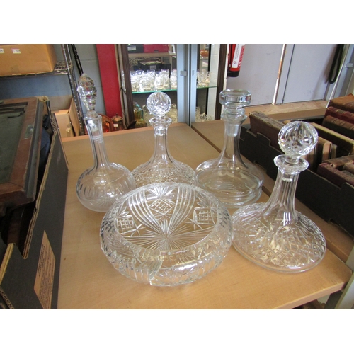 1590 - Three ships decanters, one other decanter and a cut glass fruit bowl