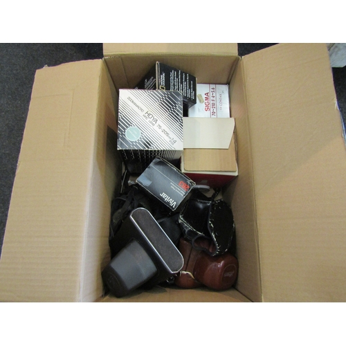 1594 - Two boxes and a bag of mixed camera lenses and equipment