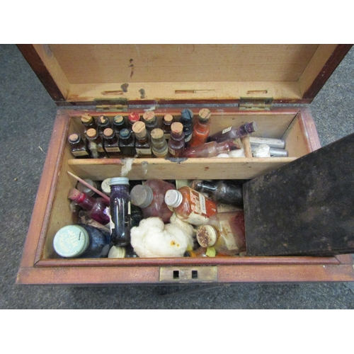 1606 - An artist's box with contents together with a tea caddy converted to a trinket box, containing chess... 