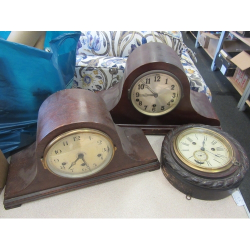 1173 - Two oak Napoleon hat mantel clocks and an Ansonia wall clock (3)