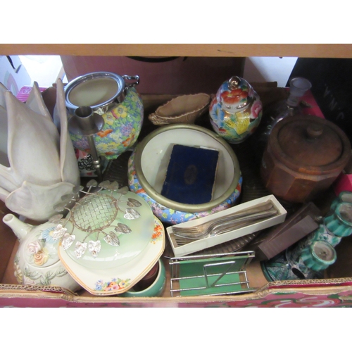 1209 - Two boxes of mixed items including plates, cake stand, teapot, etc