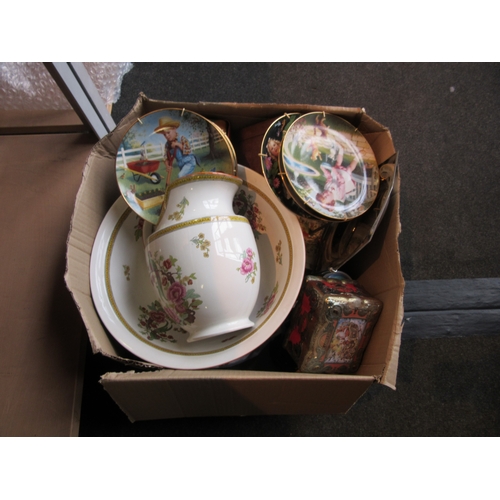 1209 - Two boxes of mixed items including plates, cake stand, teapot, etc