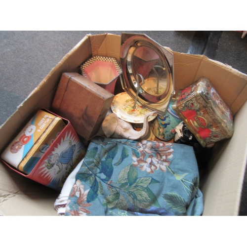 1209 - Two boxes of mixed items including plates, cake stand, teapot, etc