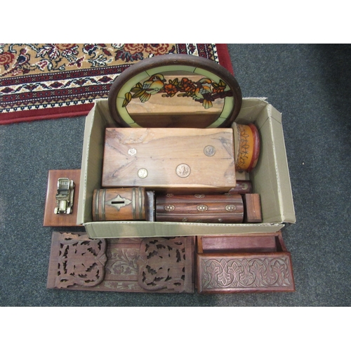 1222 - A selection of wooden boxes, a mirror with bird decoration and a carved hardwood bookslide