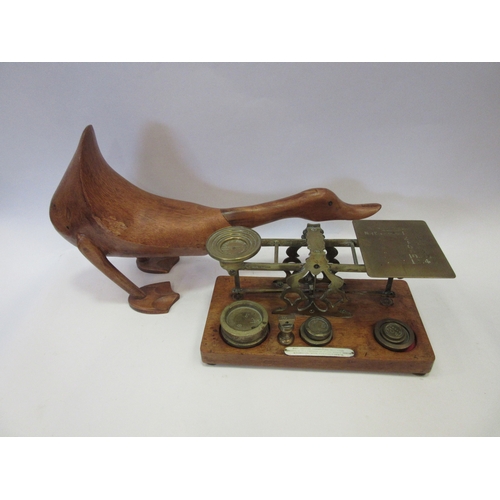 1225 - A set of Sampson Mordan brass postal scales with weights together with a wooden model of a duck (2)