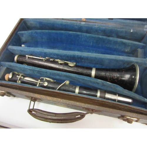 1226 - A brass banded writing box with tooled leather and inkwell interior together with a boxed clarinet, ... 