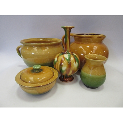 1239 - A C.H Brannam, Devon green and mustard glazed part toilet set, compromising of a chamber pot, soap d... 