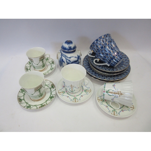 1241 - A selection of Lomonosov china including teacup/saucer trios, coffee cups/saucers and a jar with sto... 