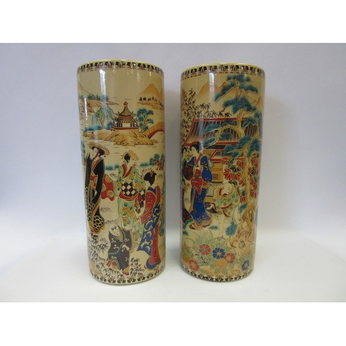 1242 - A pair of mid-20th Century Oriental cylindrical vases with scenes of Geisha girls, character marks t... 