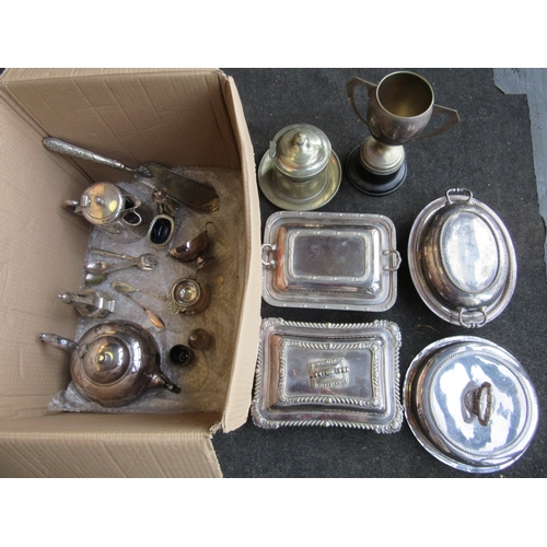 1271 - A box of plated wares including serving dishes with covers, jug, sugar sifter etc.